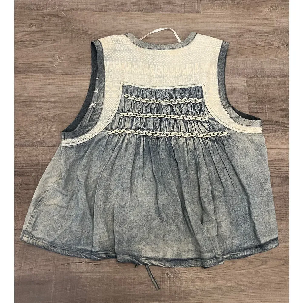 Vtg Indie Hippie Chambray Tie Vest Aztec Print